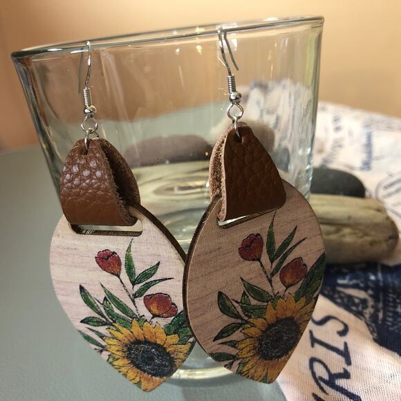 Rustic Wood & Leather Earrings – Sunflower Statement Drop Earrings - Picture 2 of 5